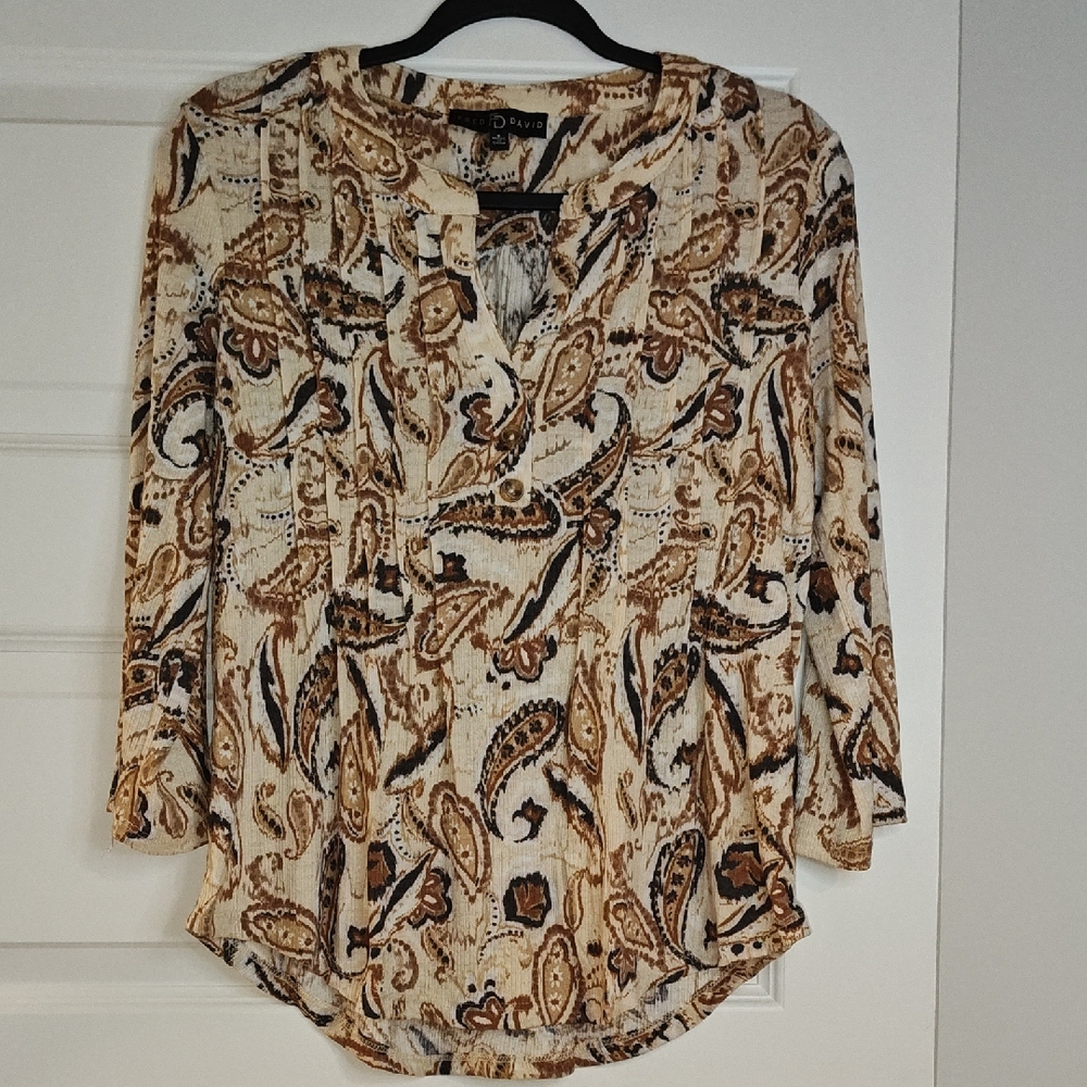 Paisley Blouse Size Small | Cream & Brown Earth Tones | 3/4 Sleeve | Stretch